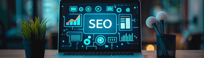 SEO desk and laptop graphic